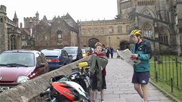 Michael checks out the next part of our route outside Wells Cathedral